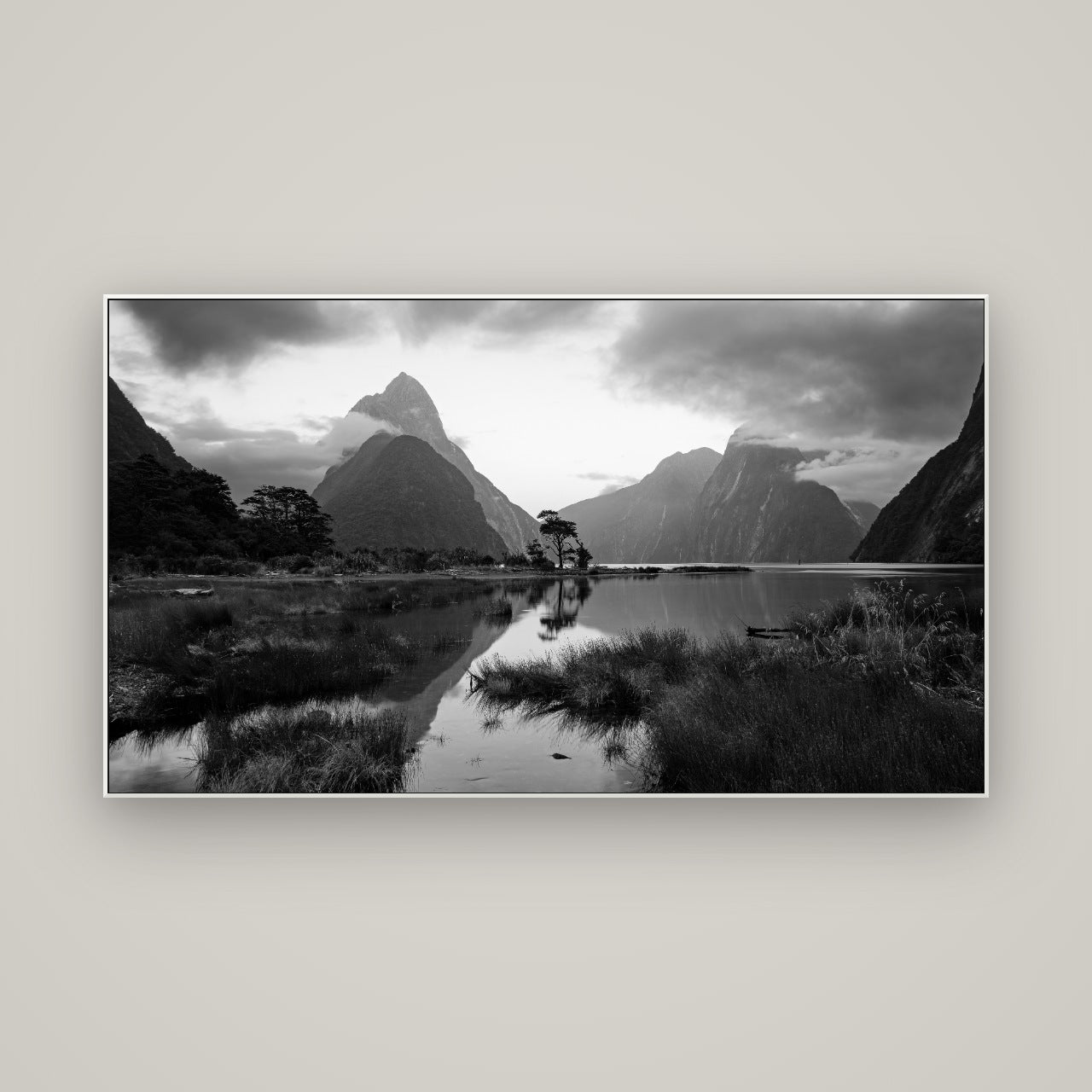 Nature's Masterpiece, Milford Sound — ArtBox White, 160×90 cm. New Zealand fine art wall art by Stephen Milner.