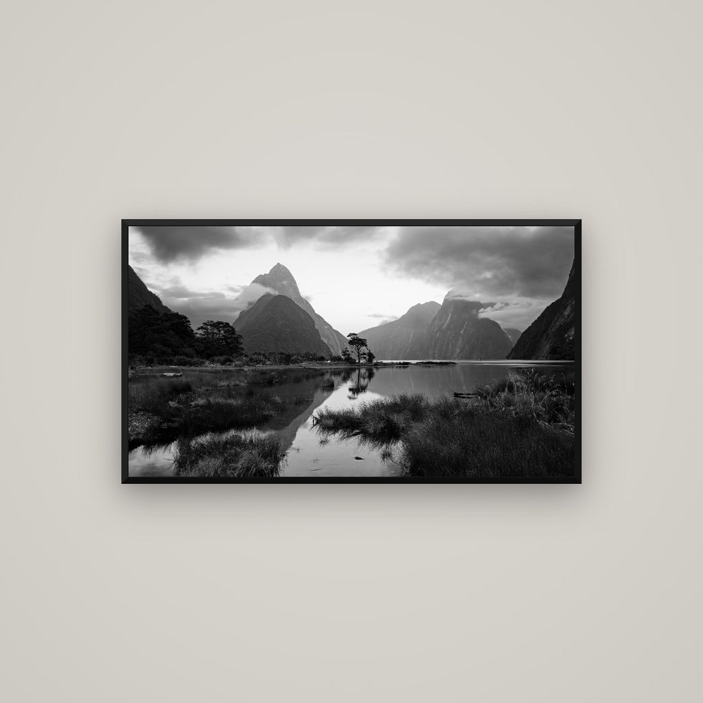 Nature's Masterpiece, Milford Sound — Basel Black Matte, 107×60 cm. New Zealand fine art wall art by Stephen Milner.