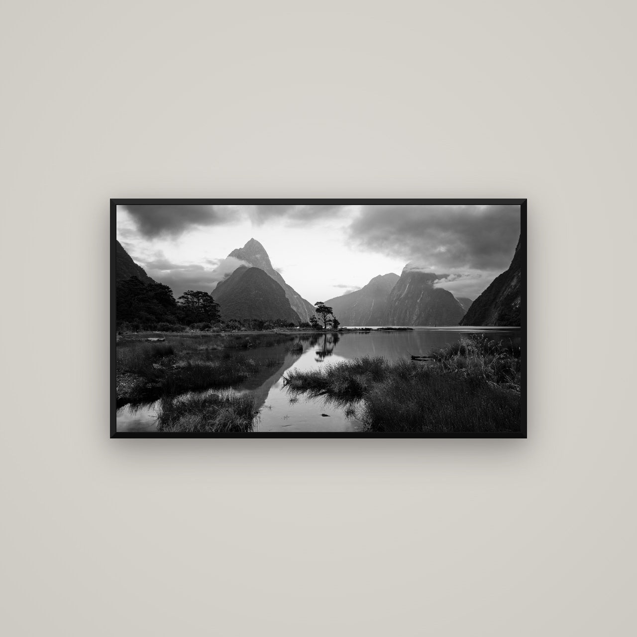 Nature's Masterpiece, Milford Sound — Basel Black, 107×60 cm. New Zealand fine art wall art by Stephen Milner.