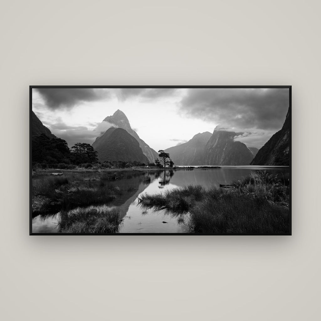 Nature's Masterpiece, Milford Sound — Basel Black Matte, 160×90 cm. New Zealand fine art wall art by Stephen Milner.