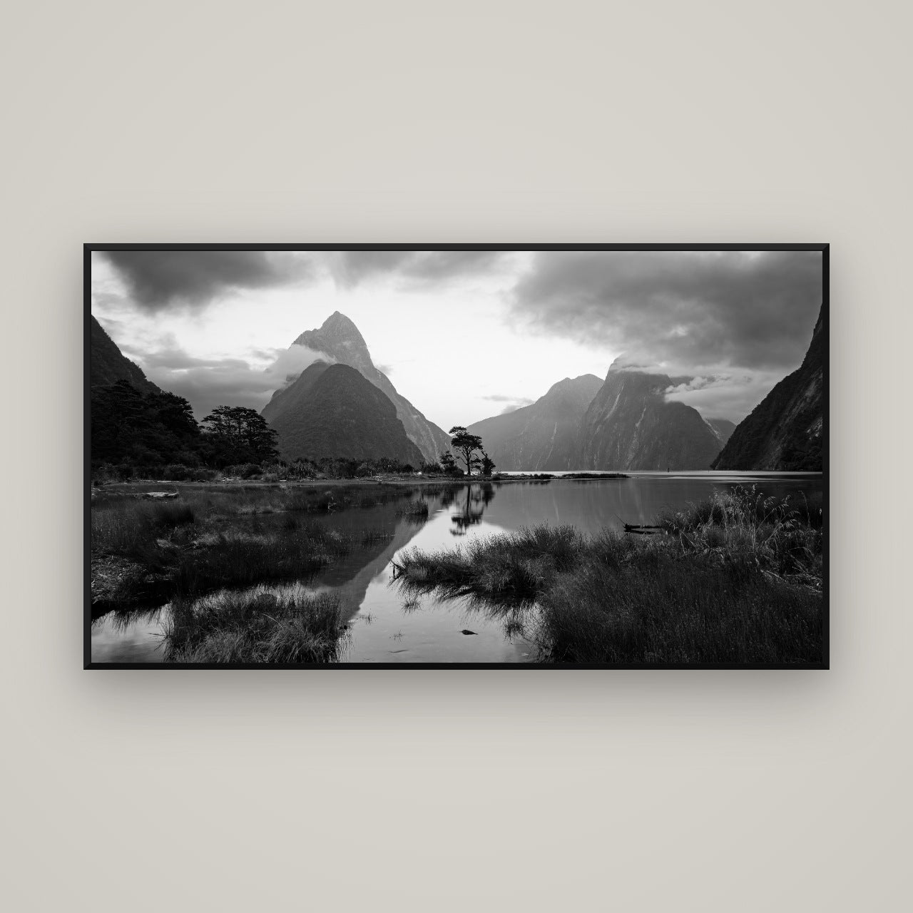 Nature's Masterpiece, Milford Sound — Basel Black, 160×90 cm. New Zealand fine art wall art by Stephen Milner.