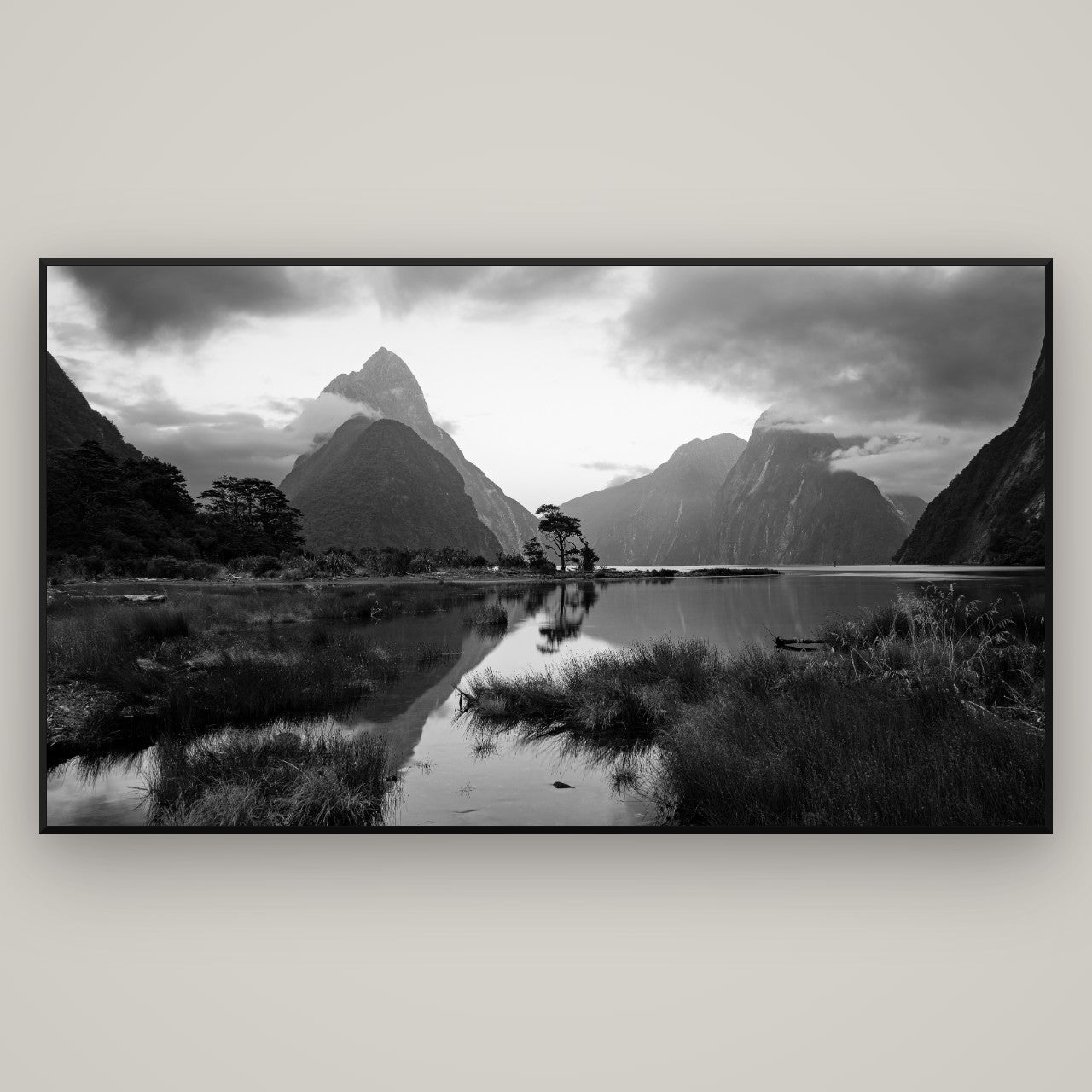 Nature's Masterpiece, Milford Sound — Basel Black, 196×110 cm. New Zealand fine art wall art by Stephen Milner.