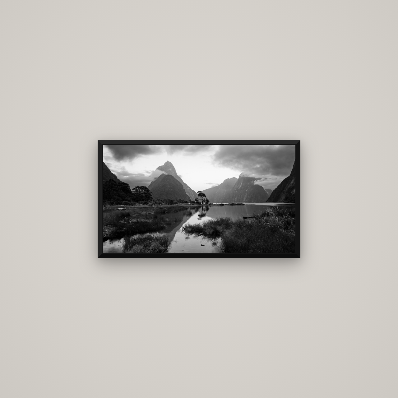 Nature's Masterpiece, Milford Sound — Basel Black Matte, 64×36 cm. New Zealand fine art wall art by Stephen Milner.