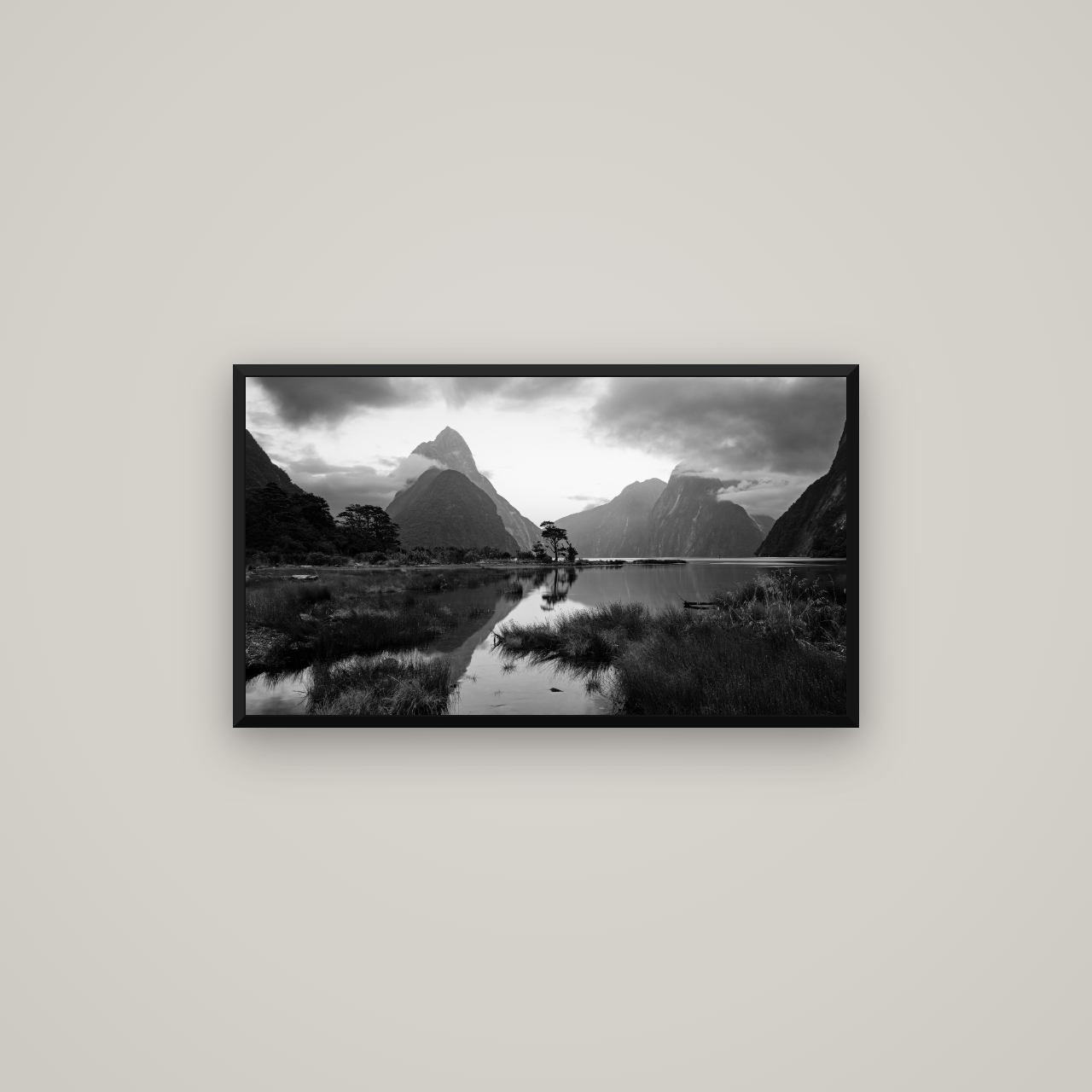 Nature's Masterpiece, Milford Sound — Basel Black Matte, 80×45 cm. New Zealand fine art wall art by Stephen Milner.