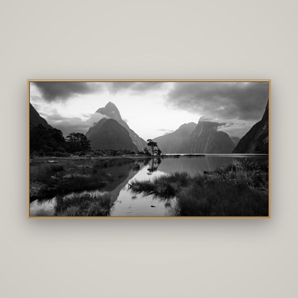 Nature's Masterpiece, Milford Sound, Basel Natural Oak, 160×90 cm. New Zealand fine art wall art by Stephen Milner.