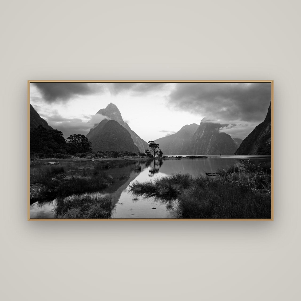 Nature's Masterpiece, Milford Sound, Basel Natural Oak, 160×90 cm. New Zealand fine art wall art by Stephen Milner.