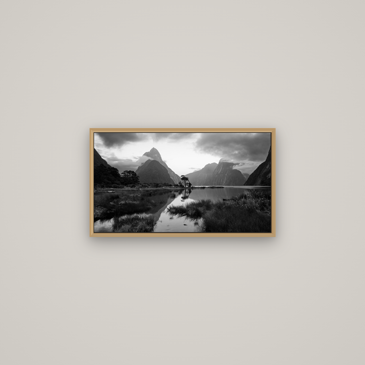 Nature's Masterpiece, Milford Sound, Basel Natural Oak, 64×36 cm. New Zealand fine art wall art by Stephen Milner.