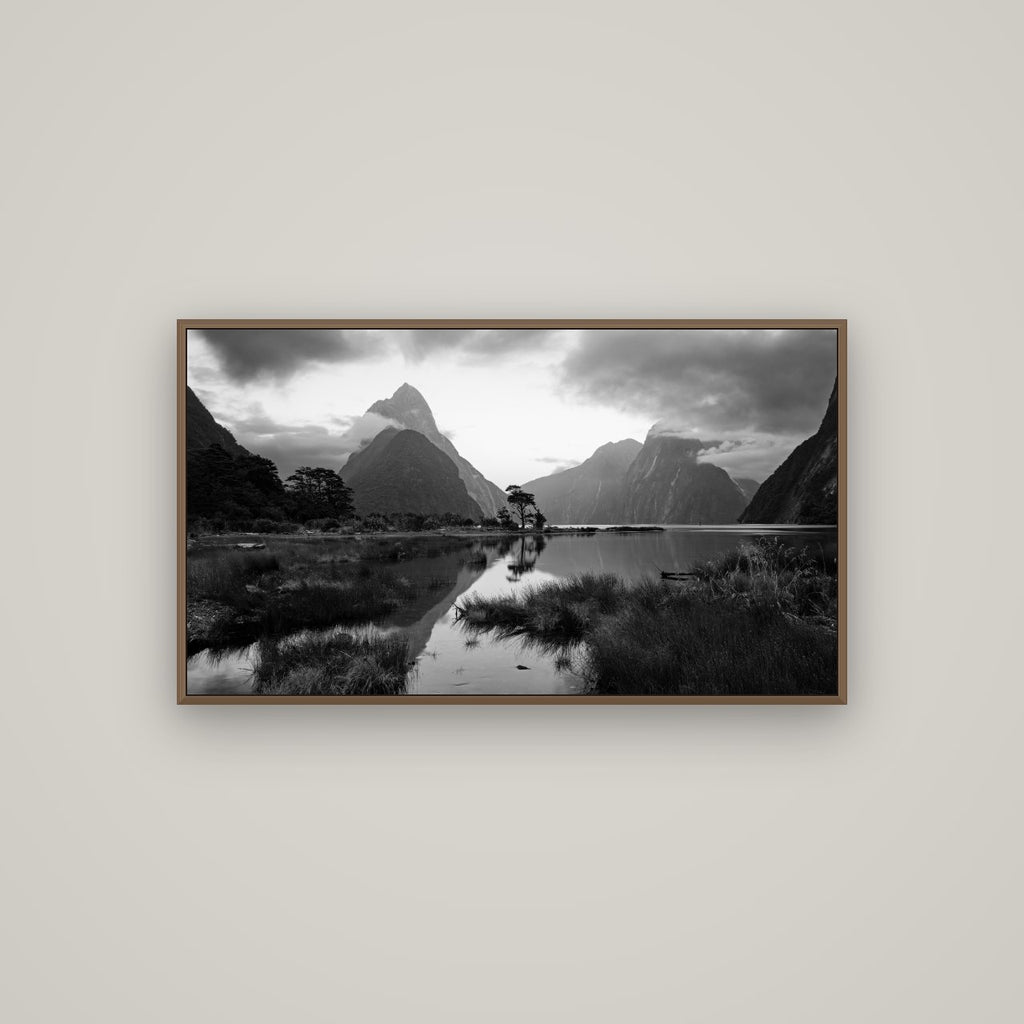 Nature's Masterpiece, Milford Sound, Basel Walnut, 107×60 cm. New Zealand fine art wall art by Stephen Milner.
