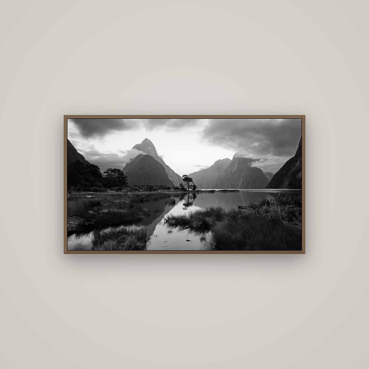 Nature's Masterpiece, Milford Sound, Basel Walnut, 107×60 cm. New Zealand fine art wall art by Stephen Milner.