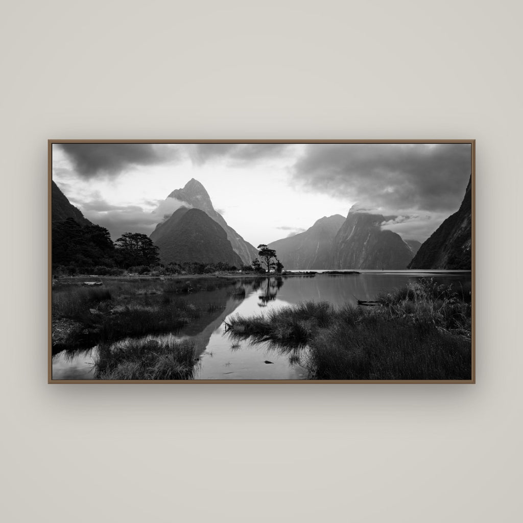 Nature's Masterpiece, Milford Sound, Basel Walnut, 160×90 cm. New Zealand fine art wall art by Stephen Milner.