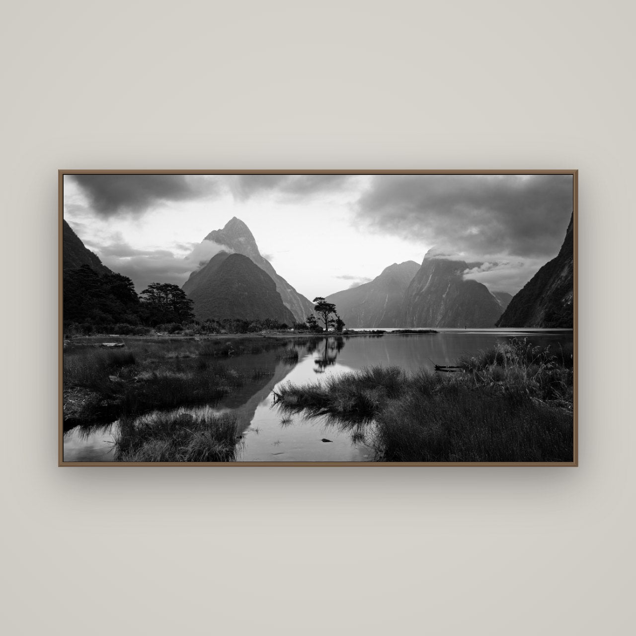 Nature's Masterpiece, Milford Sound, Basel Walnut, 160×90 cm. New Zealand fine art wall art by Stephen Milner.