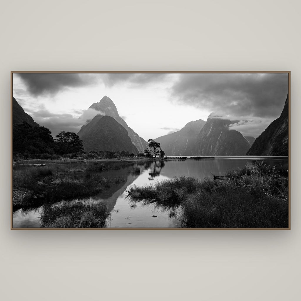 Nature's Masterpiece, Milford Sound, Basel Walnut, 196×110 cm. New Zealand fine art wall art by Stephen Milner.