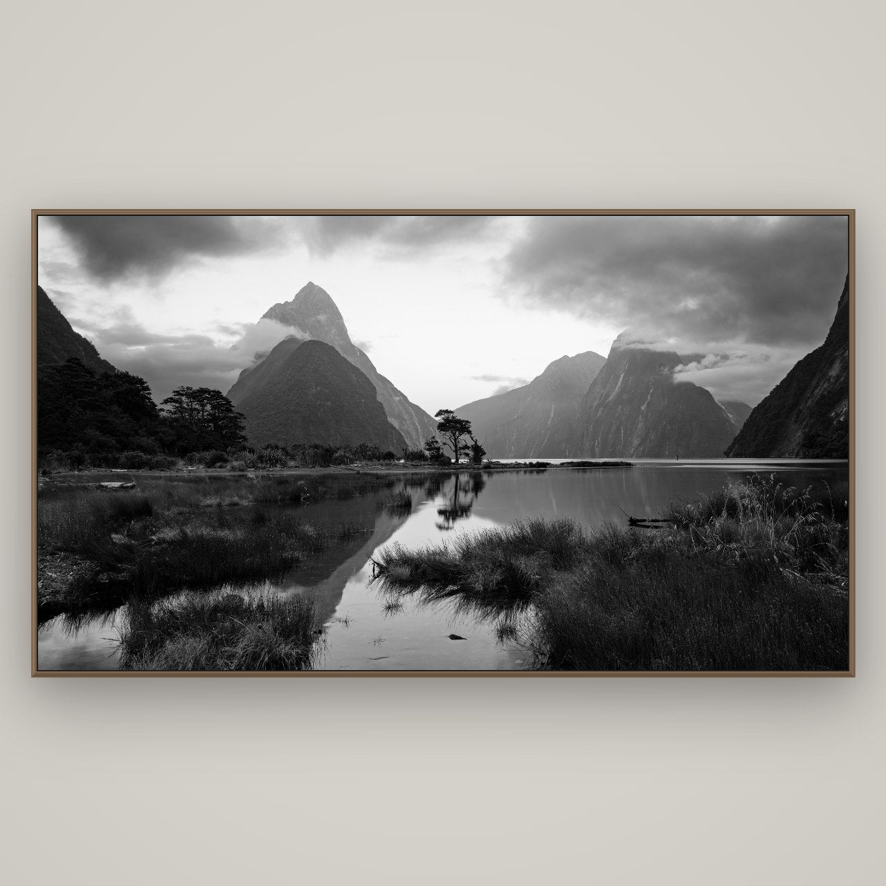Nature's Masterpiece, Milford Sound, Basel Walnut, 196×110 cm. New Zealand fine art wall art by Stephen Milner.