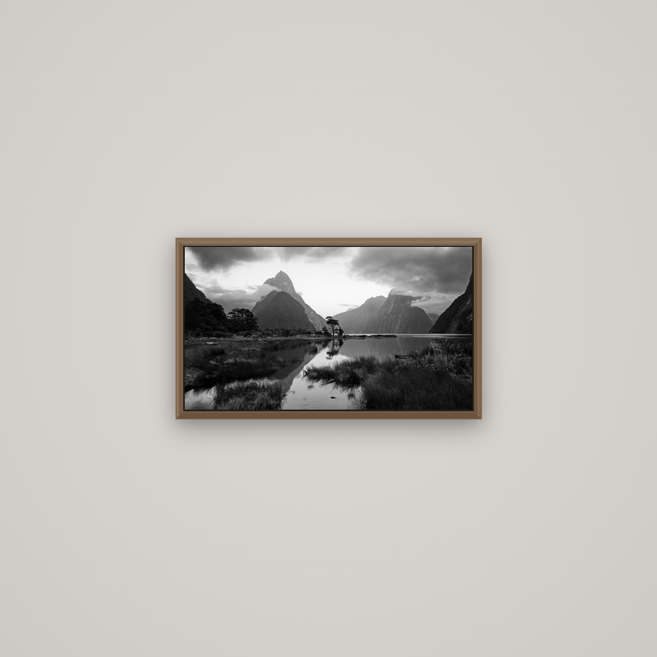 Nature's Masterpiece, Milford Sound, Basel Walnut, 53×30 cm. New Zealand fine art wall art by Stephen Milner.