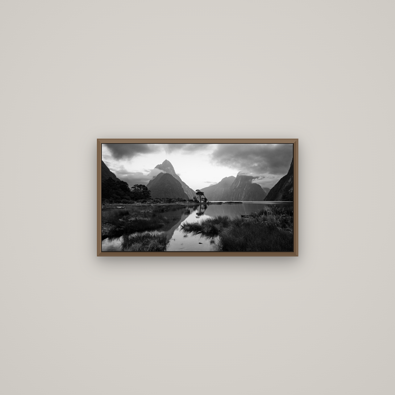 Nature's Masterpiece, Milford Sound, Basel Walnut, 64×36 cm. New Zealand fine art wall art by Stephen Milner.