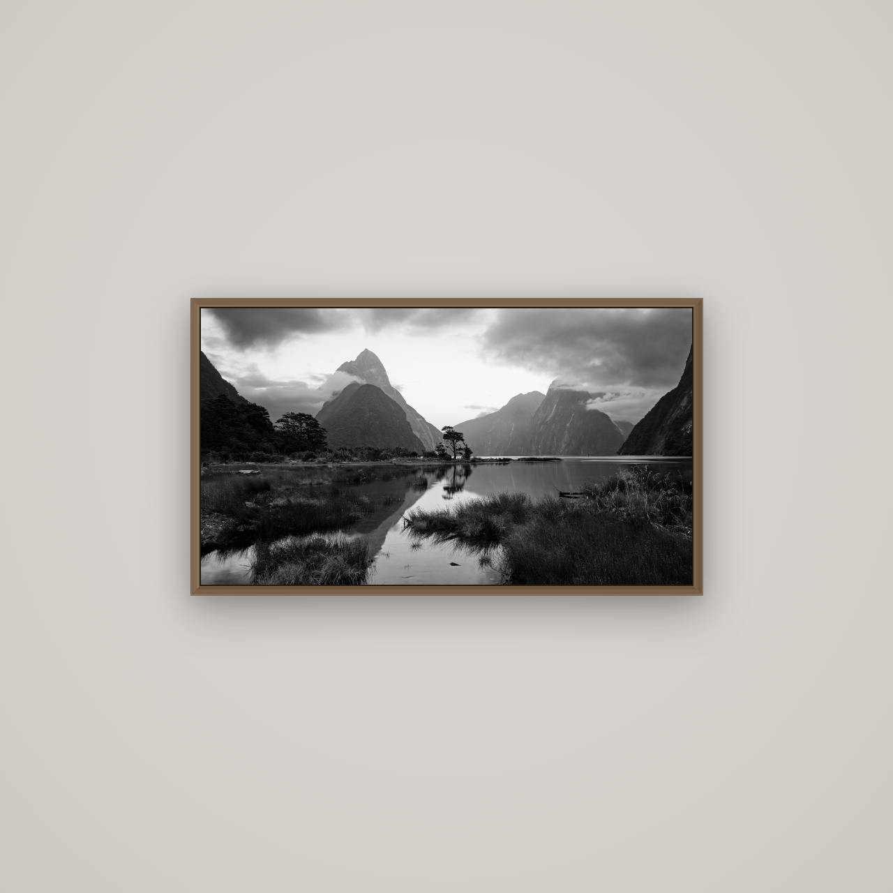 Nature's Masterpiece, Milford Sound, Basel Walnut, 80×45 cm. New Zealand fine art wall art by Stephen Milner.