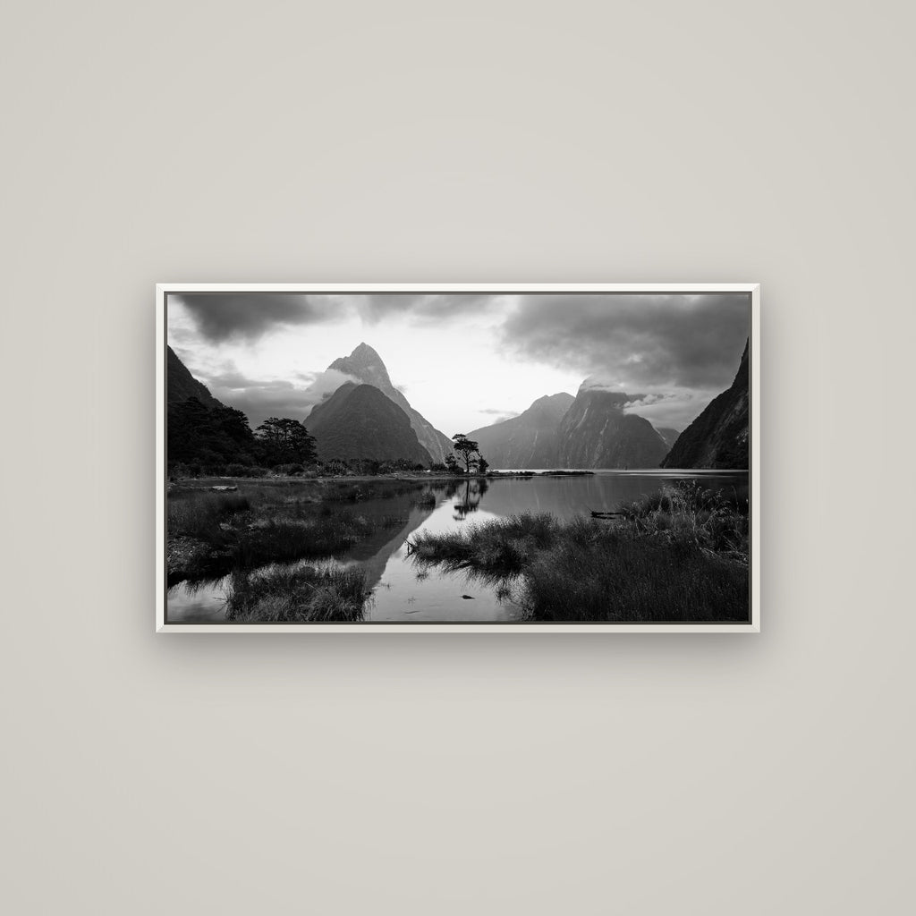 Nature's Masterpiece, Milford Sound — Basel White, 107×60 cm. New Zealand fine art wall art by Stephen Milner.