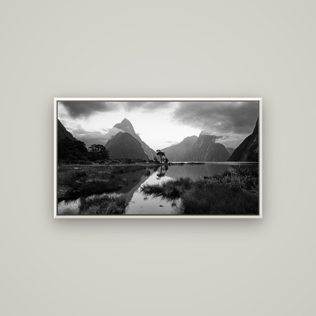 Nature's Masterpiece, Milford Sound — Basel White, 107×60 cm. New Zealand fine art wall art by Stephen Milner.