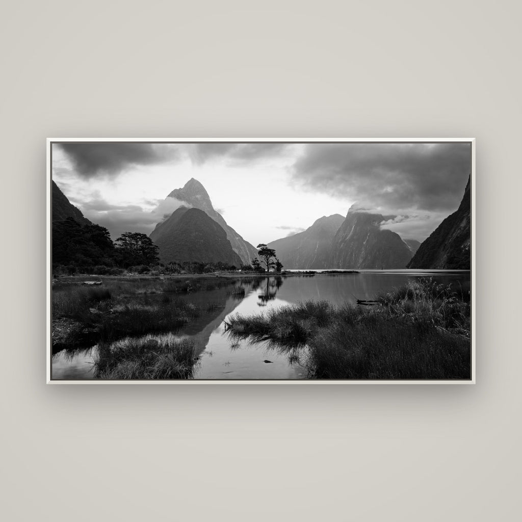 Nature's Masterpiece, Milford Sound — Basel White, 160×90 cm. New Zealand fine art wall art by Stephen Milner.