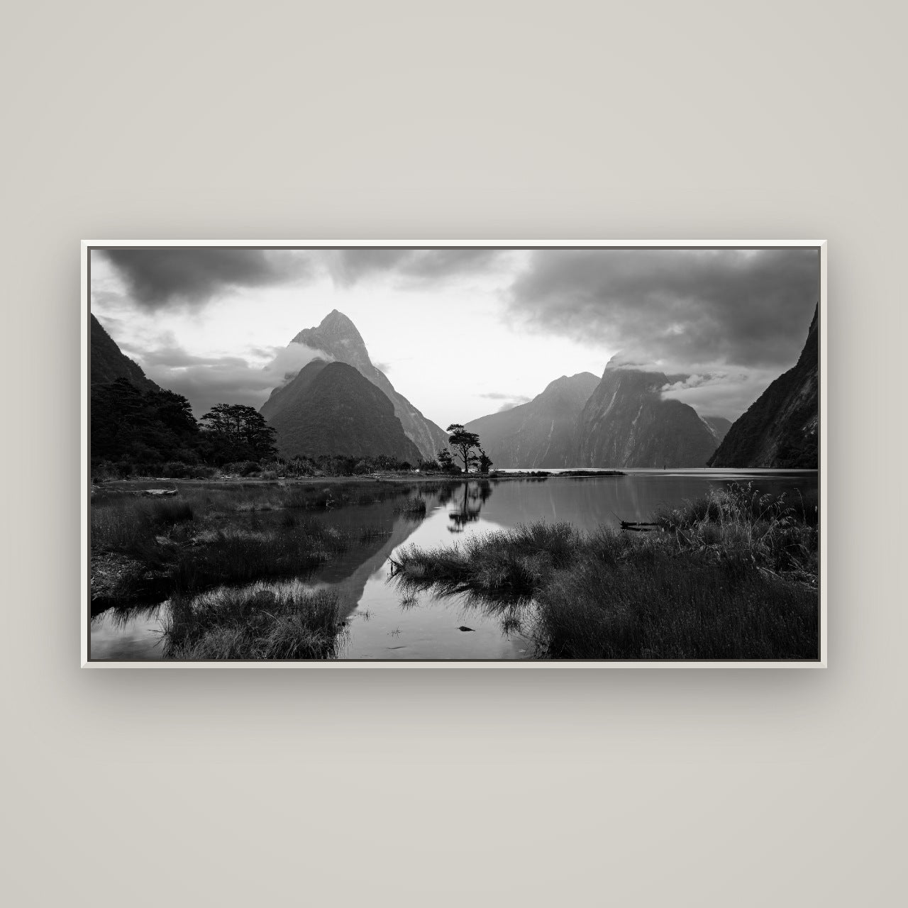 Nature's Masterpiece, Milford Sound — Basel White, 160×90 cm. New Zealand fine art wall art by Stephen Milner.
