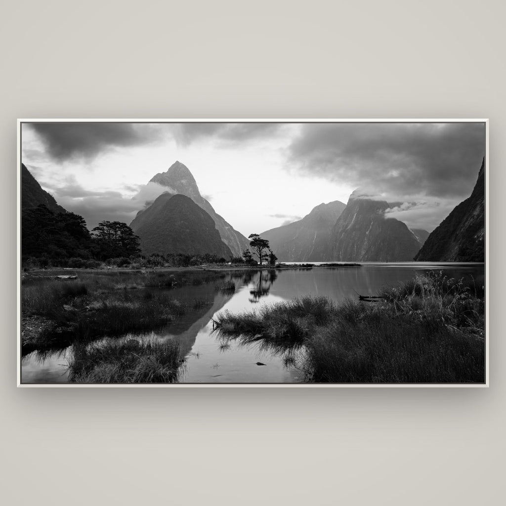 Nature's Masterpiece, Milford Sound — Basel White, 196×110 cm. New Zealand fine art wall art by Stephen Milner.