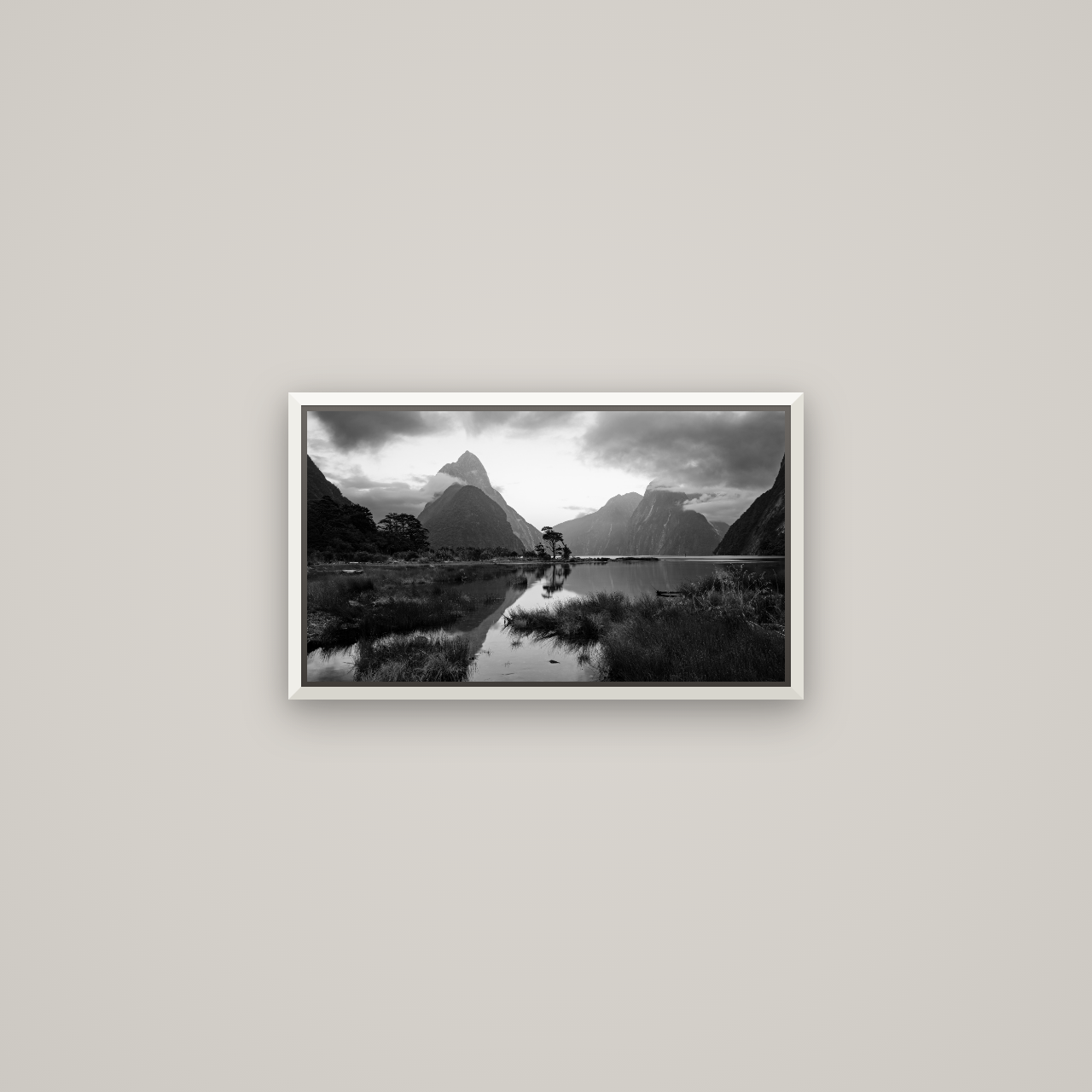 Nature's Masterpiece, Milford Sound — Basel White, 53×30 cm. New Zealand fine art wall art by Stephen Milner.
