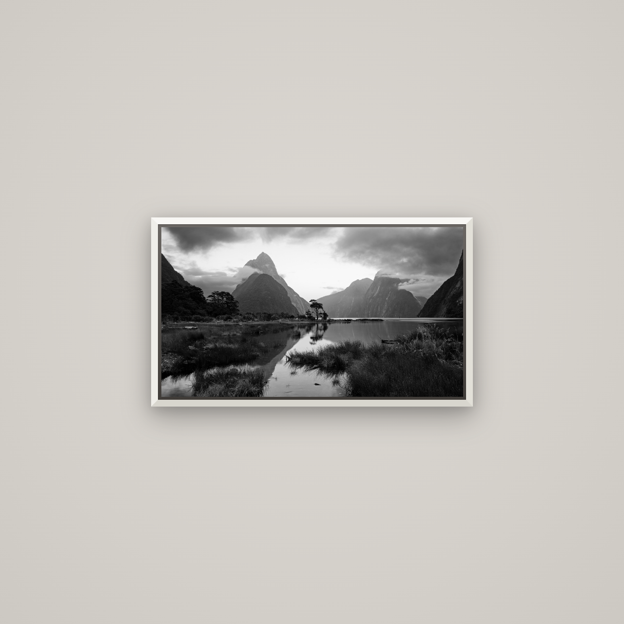Nature's Masterpiece, Milford Sound — Basel White, 64×36 cm. New Zealand fine art wall art by Stephen Milner.