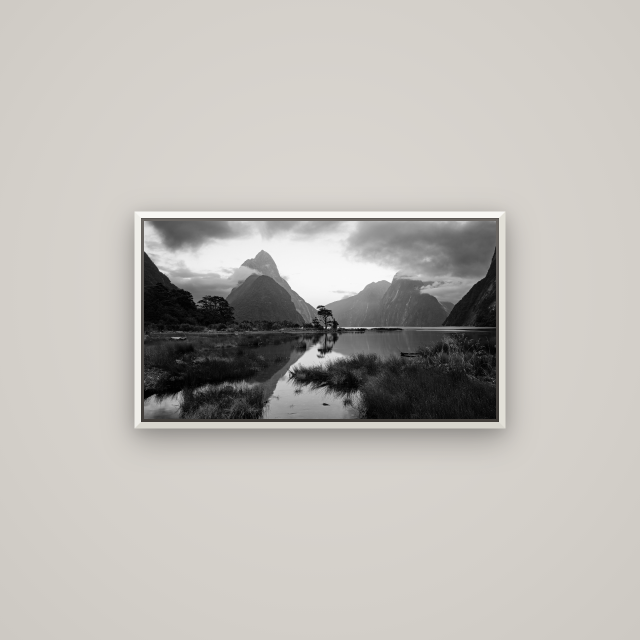Nature's Masterpiece, Milford Sound — Basel White, 80×45 cm. New Zealand fine art wall art by Stephen Milner.