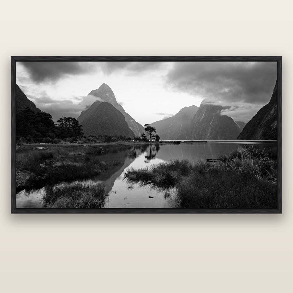Nature's Masterpiece, Milford Sound — black float frame canvas, 200 × 130 cm. New Zealand fine art landscape wall art by Stephen Milner.