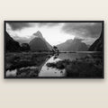 Nature's Masterpiece, Milford Sound — black float frame canvas, 200 × 130 cm. New Zealand fine art landscape wall art by Stephen Milner.