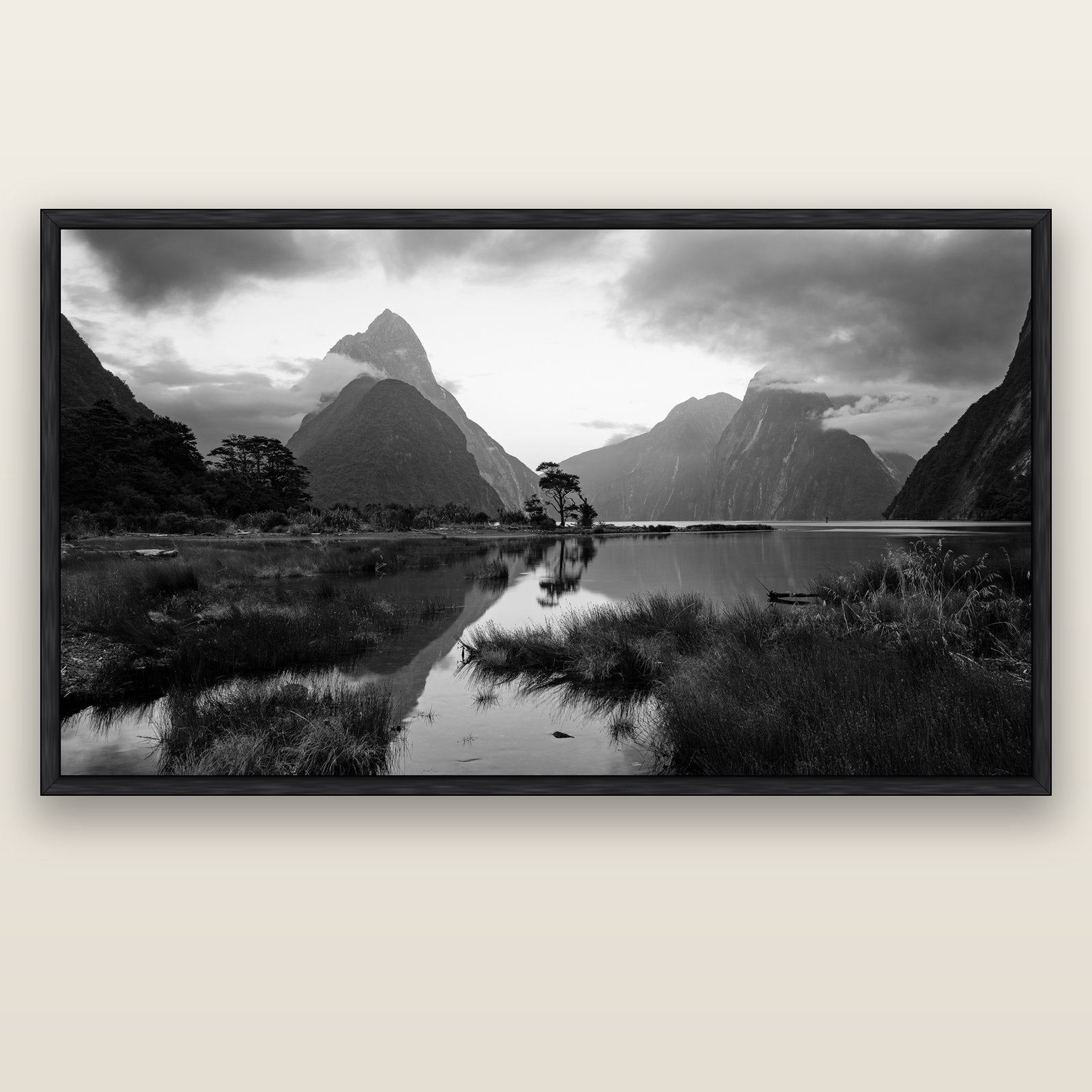 Nature's Masterpiece, Milford Sound — black float frame canvas, 200 × 130 cm. New Zealand fine art landscape wall art by Stephen Milner.