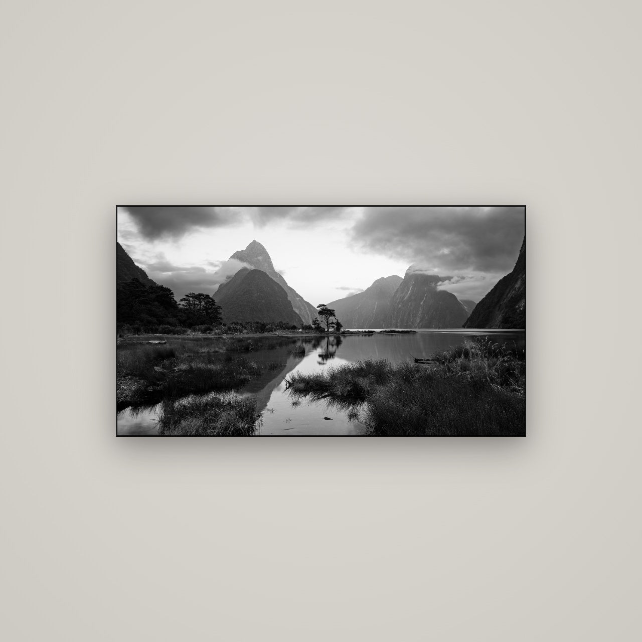 Nature's Masterpiece, Milford Sound — Slimline Black, 107×60 cm. New Zealand fine art wall art by Stephen Milner.