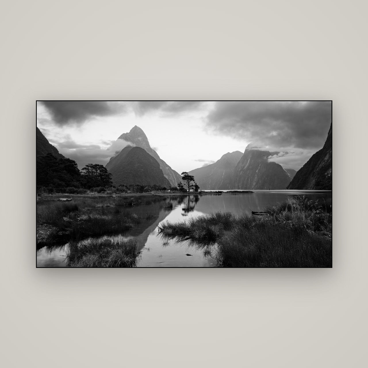 Nature's Masterpiece, Milford Sound — Slimline Black, 160×90 cm. New Zealand fine art wall art by Stephen Milner.