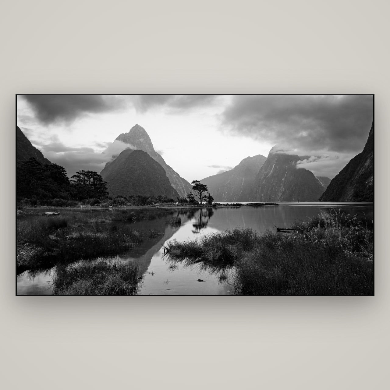 Nature's Masterpiece, Milford Sound — Slimline Black, 196×110 cm. New Zealand fine art wall art by Stephen Milner.