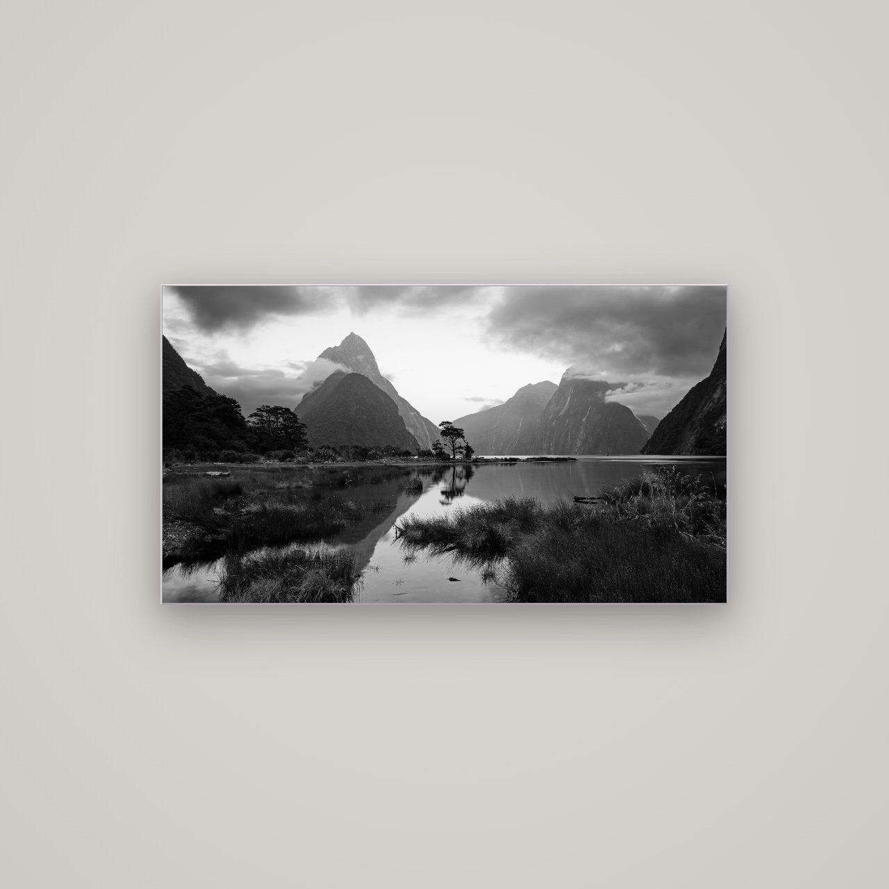 Nature's Masterpiece, Milford Sound — Slimline Silver, 107×60 cm. New Zealand fine art wall art by Stephen Milner.