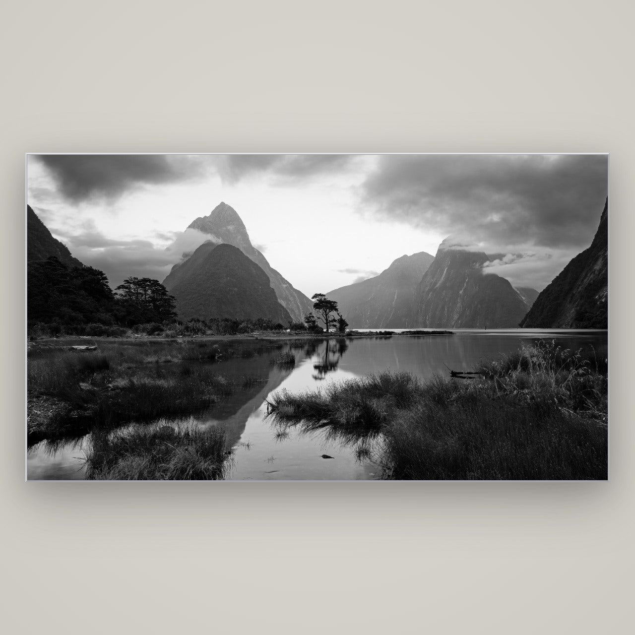 Nature's Masterpiece, Milford Sound — Slimline Silver, 196×110 cm. New Zealand fine art wall art by Stephen Milner.