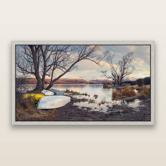Nature's Window, Sunrise at Lake Alexandrina — framed metallic canvas print, Antique Silver frame. New Zealand fine art landscape wall art by Stephen Milner.