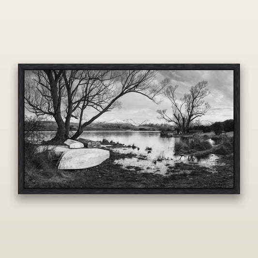 Nature's Window, Sunrise at Lake Alexandrina, black and white framed metallic canvas print, Black frame. New Zealand fine art wall art by Stephen Milner.