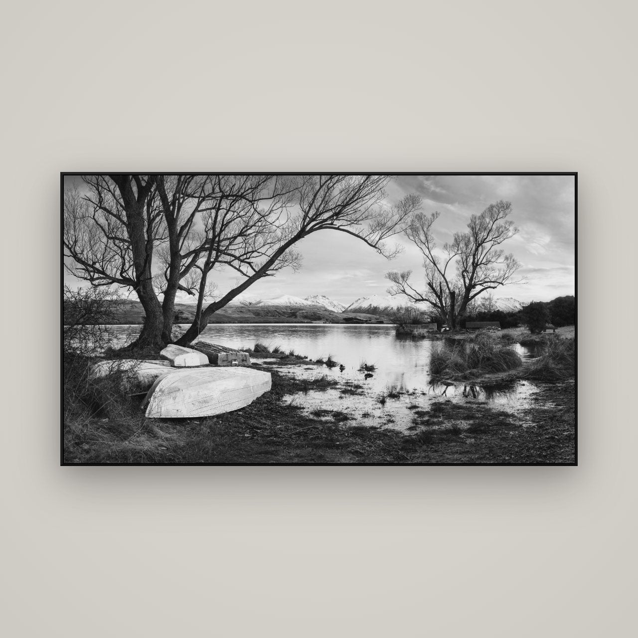 Nature's Window, Sunrise at Lake Alexandrina — ArtBox Black, 160×90 cm. New Zealand fine art wall art by Stephen Milner.