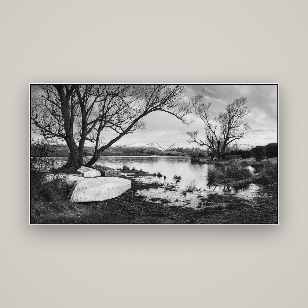 Nature's Window, Sunrise at Lake Alexandrina — ArtBox White, 160×90 cm. New Zealand fine art wall art by Stephen Milner.