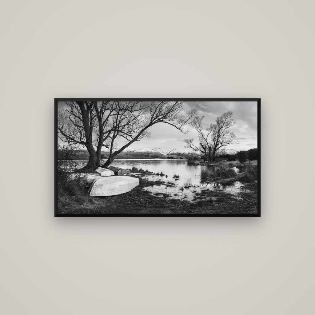Nature's Window, Sunrise at Lake Alexandrina — Basel Black Matte, 107×60 cm. New Zealand fine art wall art by Stephen Milner.