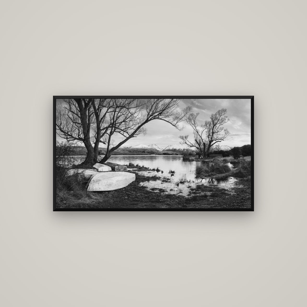 Nature's Window, Sunrise at Lake Alexandrina — Basel Black, 107×60 cm. New Zealand fine art wall art by Stephen Milner.
