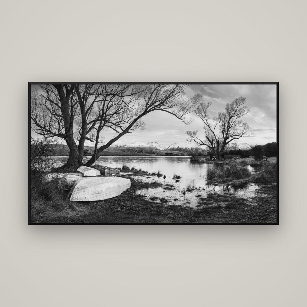 Nature's Window, Sunrise at Lake Alexandrina — Basel Black Matte, 160×90 cm. New Zealand fine art wall art by Stephen Milner.