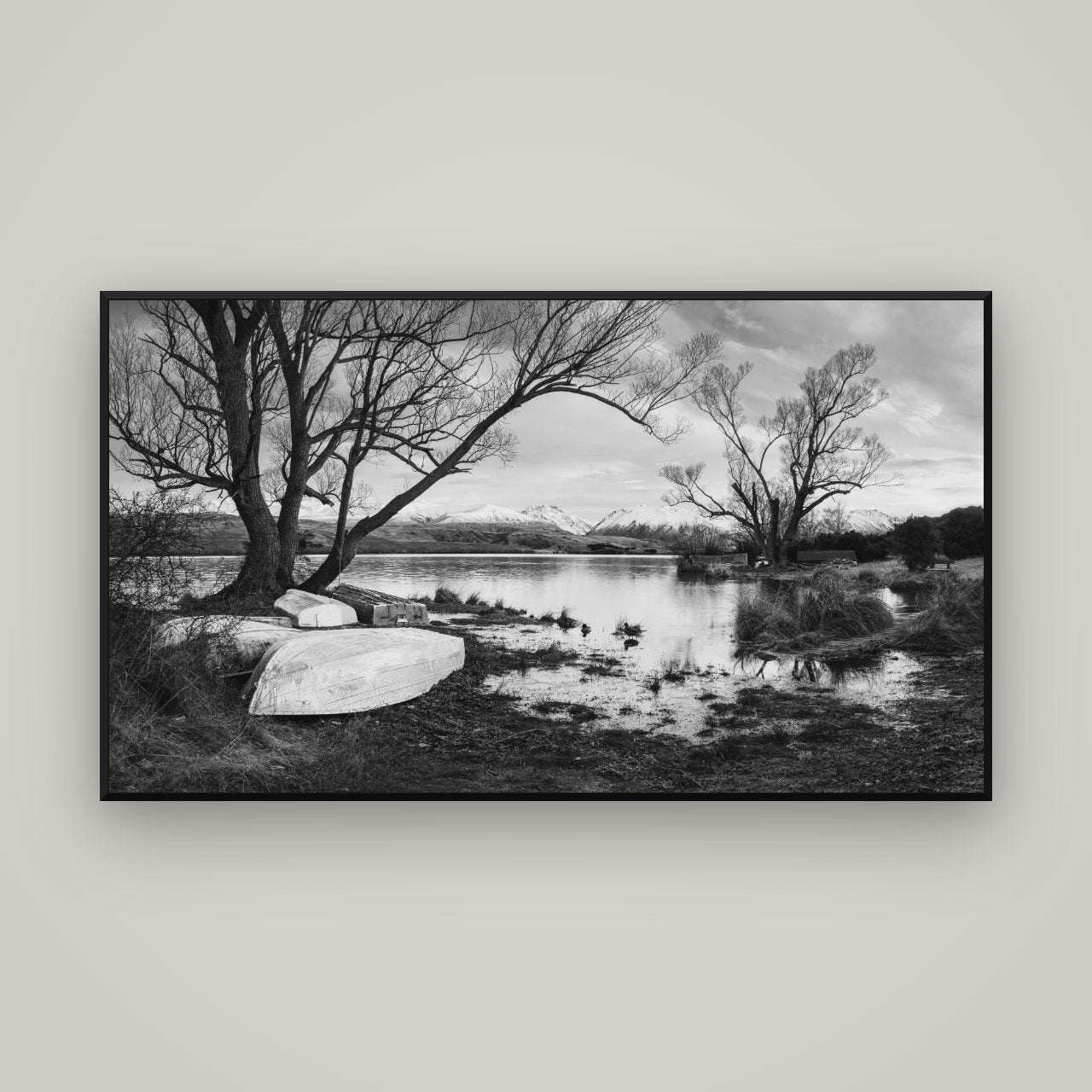 Nature's Window, Sunrise at Lake Alexandrina — Basel Black, 160×90 cm. New Zealand fine art wall art by Stephen Milner.