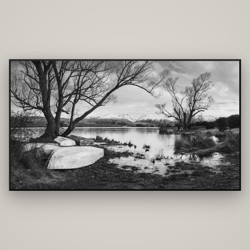 Nature's Window, Sunrise at Lake Alexandrina — Basel Black Matte, 196×110 cm. New Zealand fine art wall art by Stephen Milner.