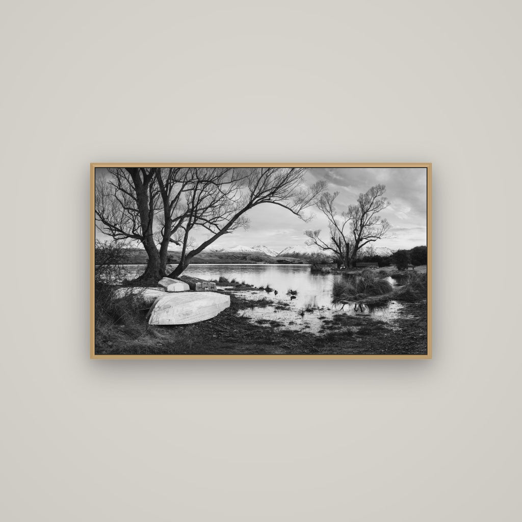 Nature's Window, Sunrise at Lake Alexandrina, Basel Natural Oak, 107×60 cm. New Zealand fine art wall art by Stephen Milner.