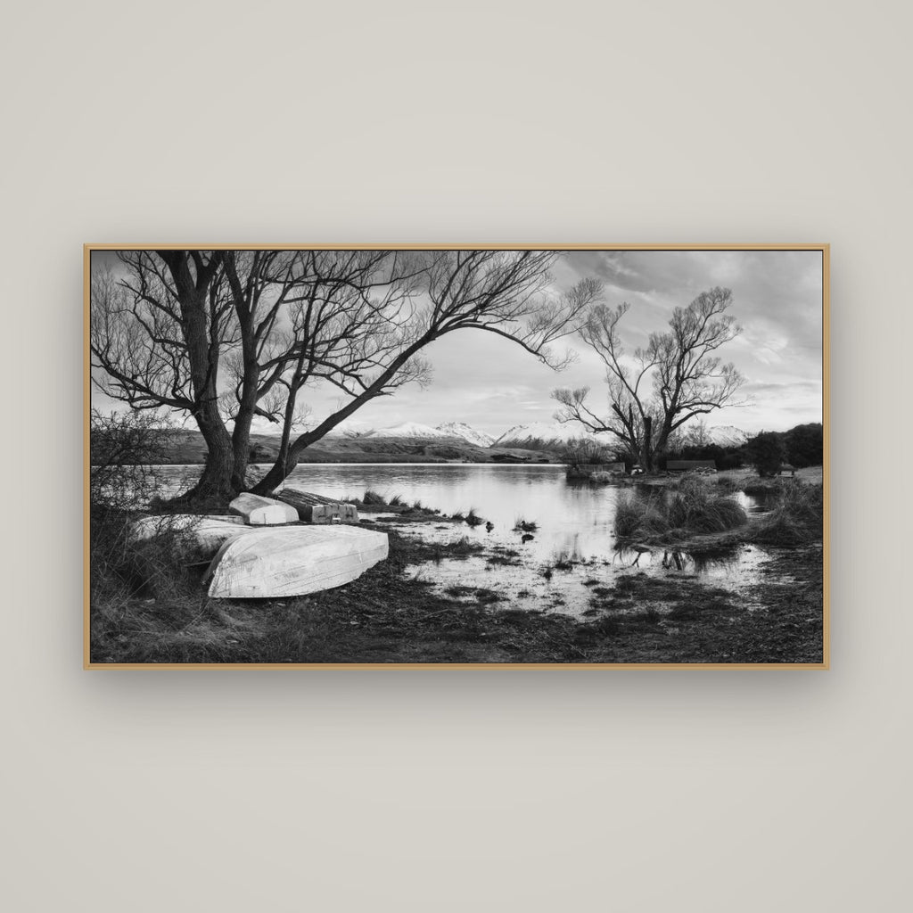 Nature's Window, Sunrise at Lake Alexandrina, Basel Natural Oak, 160×90 cm. New Zealand fine art wall art by Stephen Milner.