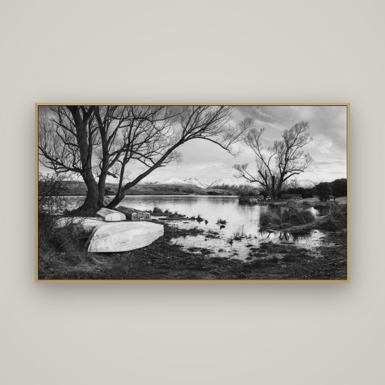 Nature's Window, Sunrise at Lake Alexandrina, Basel Natural Oak, 160×90 cm. New Zealand fine art wall art by Stephen Milner.