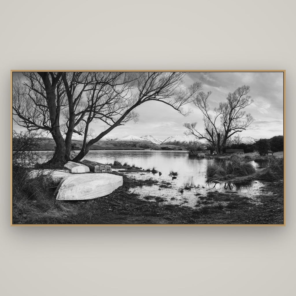 Nature's Window, Sunrise at Lake Alexandrina, Basel Natural Oak, 196×110 cm. New Zealand fine art wall art by Stephen Milner.