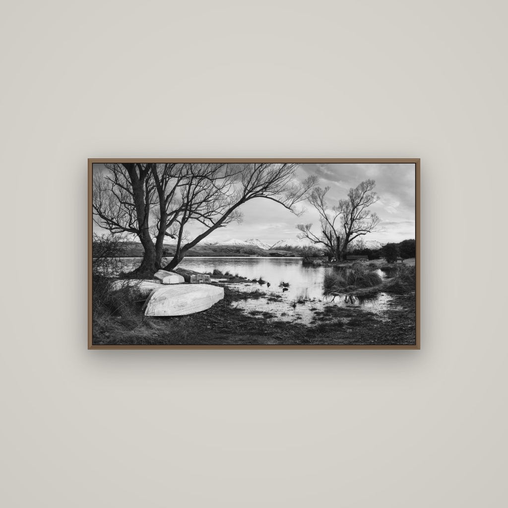 Nature's Window, Sunrise at Lake Alexandrina, Basel Walnut, 107×60 cm. New Zealand fine art wall art by Stephen Milner.